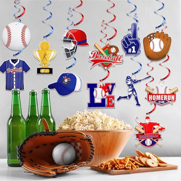 Baseball Party Decorations: 2 Platters, Cupcake Cups, Banner and Hanging Swirls - Picture 3 of 9